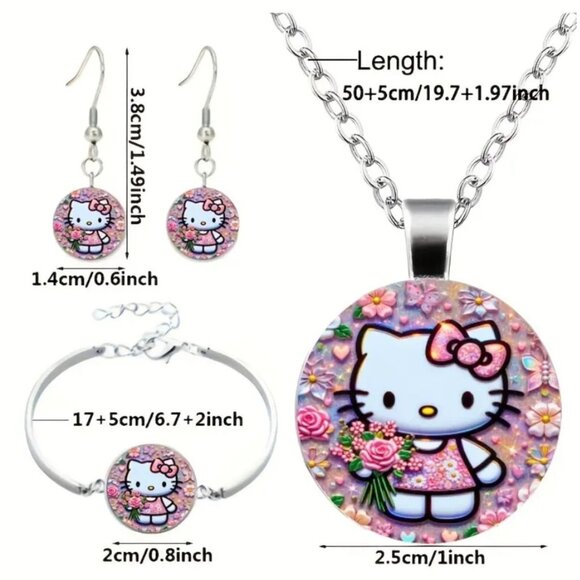 Hello Kitty 3Pc Jewelry Set Silver Pink Flower Accent Charm Bracelet Necklace - Picture 3 of 5